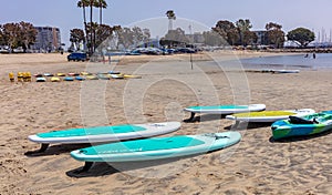 Surf boards on the beach, sunny spring day. Marina del Rey beach, California USA