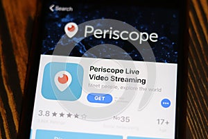 Los Angeles, California, USA - 28 November 2019: Periscope Live app icon on mobile phone screen top view, Illustrative Editorial