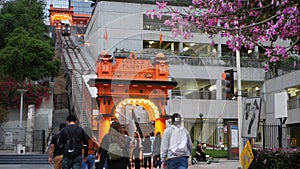 LOS ANGELES, CALIFORNIA, USA - 27 OCT 2019: Angels Flight retro funicular railway cabin. Vintage cable car station. Old-fashioned