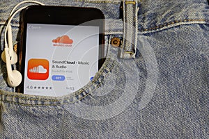 Los Angeles, California, USA - 10 October 2019:  Mobile phone with Soundcloud on App Store, logo on screen close up in the jeans