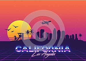 Los Angeles California USA Skyline Synthwave Vaporwave Retro Vactor Graphic Palms