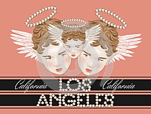 Los Angeles. California.  Vector hand drawn illustration of cupids with inscription of pearls with golden frame isolated.