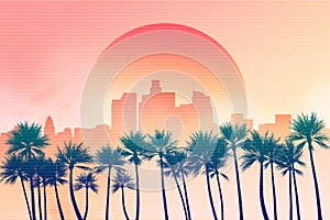 Los Angeles city downtown skyline illustration at dusk or down with sun in the background and palm trees in the foreground. Yellow