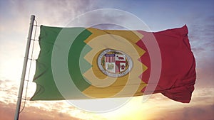 Los Angeles city flag, California, waving in the wind, sky and sun background. 3d rendering