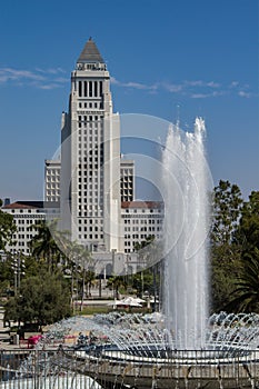 Los Angeles City Hall with Grand Park Fountain in Foreground