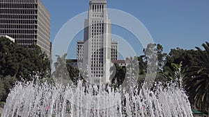 Los Angeles city hall tilt-up from grand park fountain