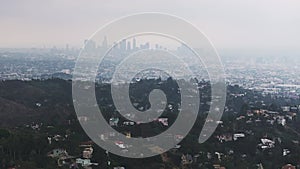 Los Angeles city skyline on a foggy day.