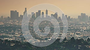 Los Angeles city skyline on a foggy day.
