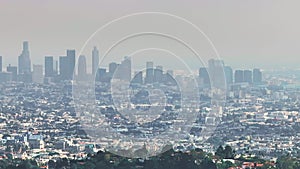 Los Angeles city skyline on a foggy day.