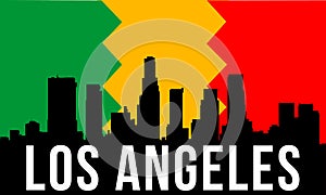 Los Angeles City skyline and landmarks silhouette, black and white design with flag in background, vector illustration