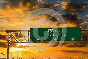 Los Angeles direction sign on 101 freeway southbound at sunset