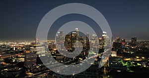 Los Angeles downtown aerial view. Nighttime downtown Los Angeles. Financial District, famous skyscrapers at night. Los