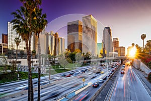 Los Angeles downtown buildings skyline sunset freeway