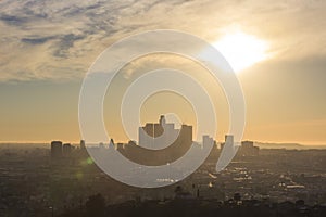 Los Angeles downtown cityscape around sunset