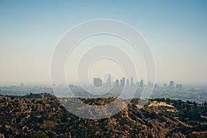 Los Angeles downtown skyline from the Hollywood Hills. LA, California, USA