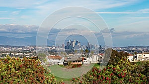 Los Angeles Downtown Skyline Telephoto from Baldwin Hills Tilt Up California USA
