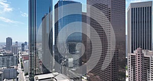 Los Angeles. Fly on LA city center by drone, top aerial view. Modern building, skyscraper on cityscape. Los Angeles, CA