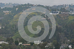 Los Angeles in the Fog The Magic of City Contours Foggy morning landscape picturesque houses on the hills