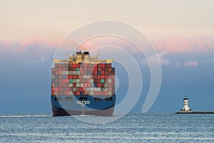 Hyundai Cargo ship Los Angeles Harbor Lighthose