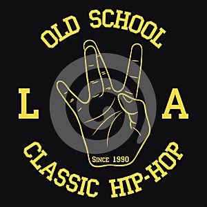 Los Angeles Hip-Hop typography for design clothes, t-shirts. Print with West Coast hand gesture. Vector illustration.