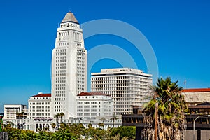 Los Angeles historic city hall under blue sky
