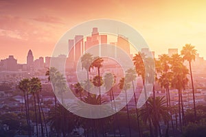 Los Angeles hot sunset view with palm tree and downtown in background. California, USA photo