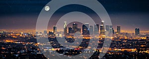 Los Angeles at night panorama starry sky and big moon banner .skyline view from plane banner