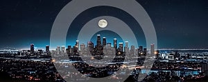 Los Angeles at night panorama starry sky and moon banner .skyline view from plane banner