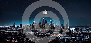 Los Angeles at night panorama starry sky and moon banner .skyline view from plane banner