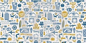 Los Angeles Retro Icons Pattern, Illustrated L.A. Buildings and Landmarks, Seamless L.A. Background with Vintage Sites and Scenery