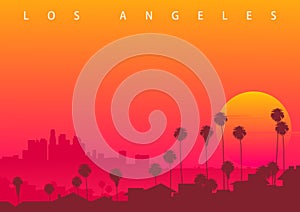 Los Angeles skyline  CA  USA. Symbolic illustration with the sunset over downtown LA