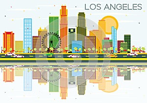 Los Angeles Skyline with Color Buildings, Blue Sky and Reflections.