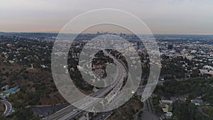 Los Angeles Skyline in Morning. Traffic on Highway. California, USA. Aerial View