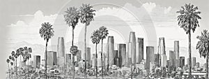 Los Angeles skyline with palm trees in the foreground