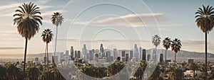 Los Angeles skyline with palm trees in the foreground