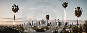 Los Angeles skyline with palm trees in the foreground