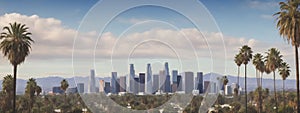 Los Angeles skyline with palm trees in the foreground