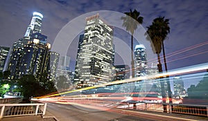 Los Angeles traffic and city skyline