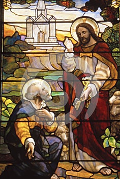 LOS ANGELES, UNITED STATES - Aug 06, 1987: Jesus gives the Keys of the Kingdom to St. Peter