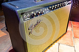 Tube sound amplifier Fender. Guitar amplifier, preamp and power amp detail, gain and tone