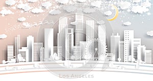 Los Angeles USA City Skyline in Paper Cut Style with Snowflakes, Moon and Neon Garland