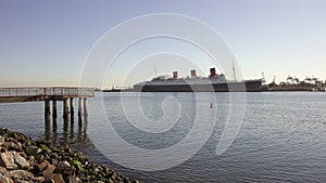 Los Angeles, USA. December 10, 2020. Beautiful view of RMS Queen Mary ocean liner in Long Beach, Los Angeles. Queen Mary