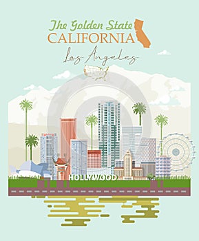 Los Angeles vector city greeting card. California poster in colorful flat style.