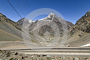 Los Caracoles desert highway, with many curves, in the Andes mountains photo