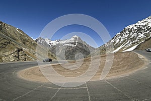 Los Caracoles desert highway, with many curves, in the Andes mountains photo