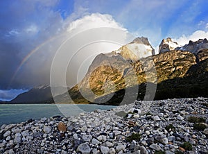 Los Cuernos, Lake Pehoe and rainbow photo