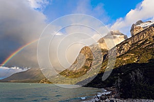 Los Cuernos, Lake Pehoe and rainbow photo