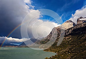 Los Cuernos, Lake Pehoe and rainbow photo