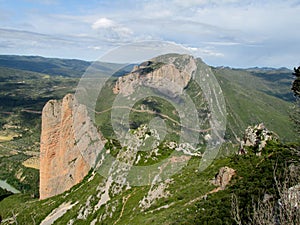 Los Mallos de Riglos unusual shaped red conglomerate rock formation in Spain