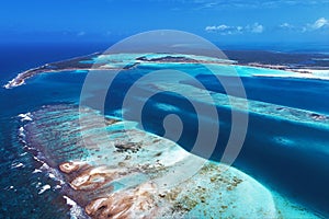 Los Roques, Carribean sea. Aerial view of paradise island with blue water.